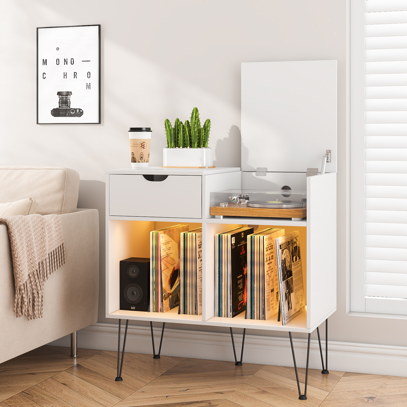 Hoompa LED Record Player Stand with Vinyl Storage Cabinet Holds Up to 200  Albums Large Turntable Stand with with Flip-top Record Player Table Vinyl  Holder Storage for Living Room Bedroom White 